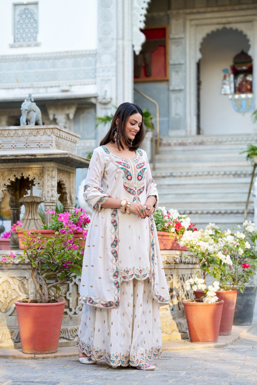 White Color Vichitra Silk Three Piece Kurti Suit