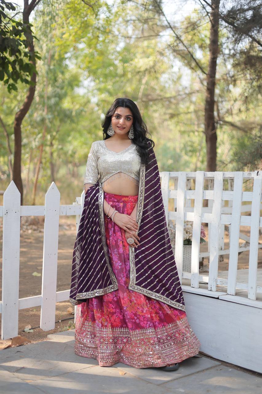 White and Purple Lehenga Choli in Georgette With Print and Sequence Lehenga Choli