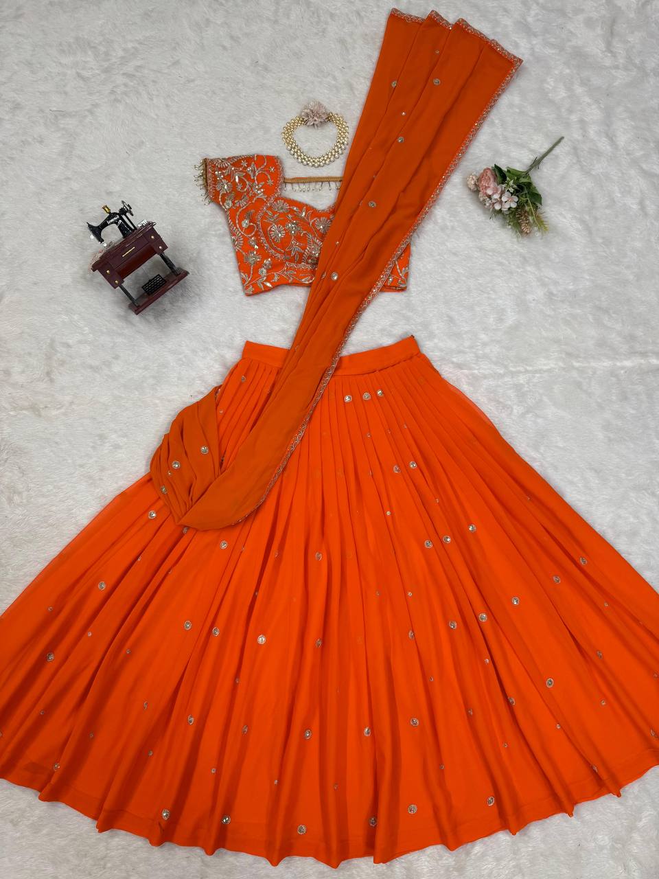 Ruffle Style Orange Lehenga Saree in Faux Georgette with Sequins & Thread Work – Ready to Wear Ethnic Outfit