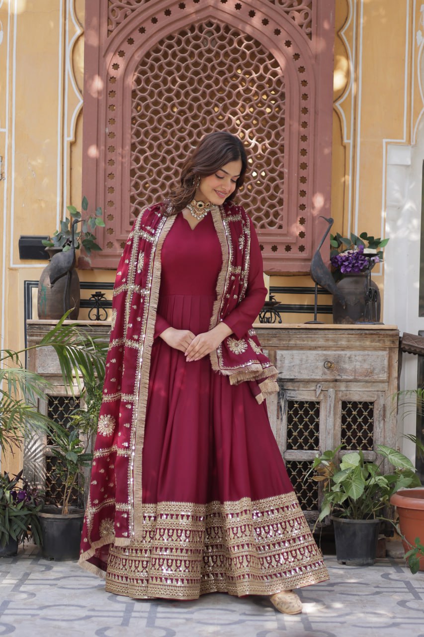 Faux Georgette Embroidered Maroon Anarkali Gown For Women