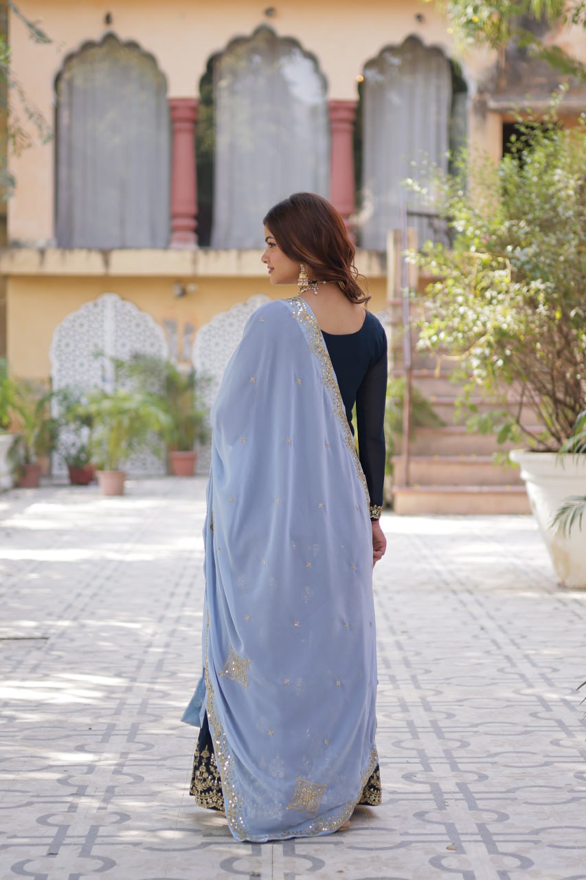 Faux Blooming Embroidered Work Firozi Blue Kurti And Plazzo Suit