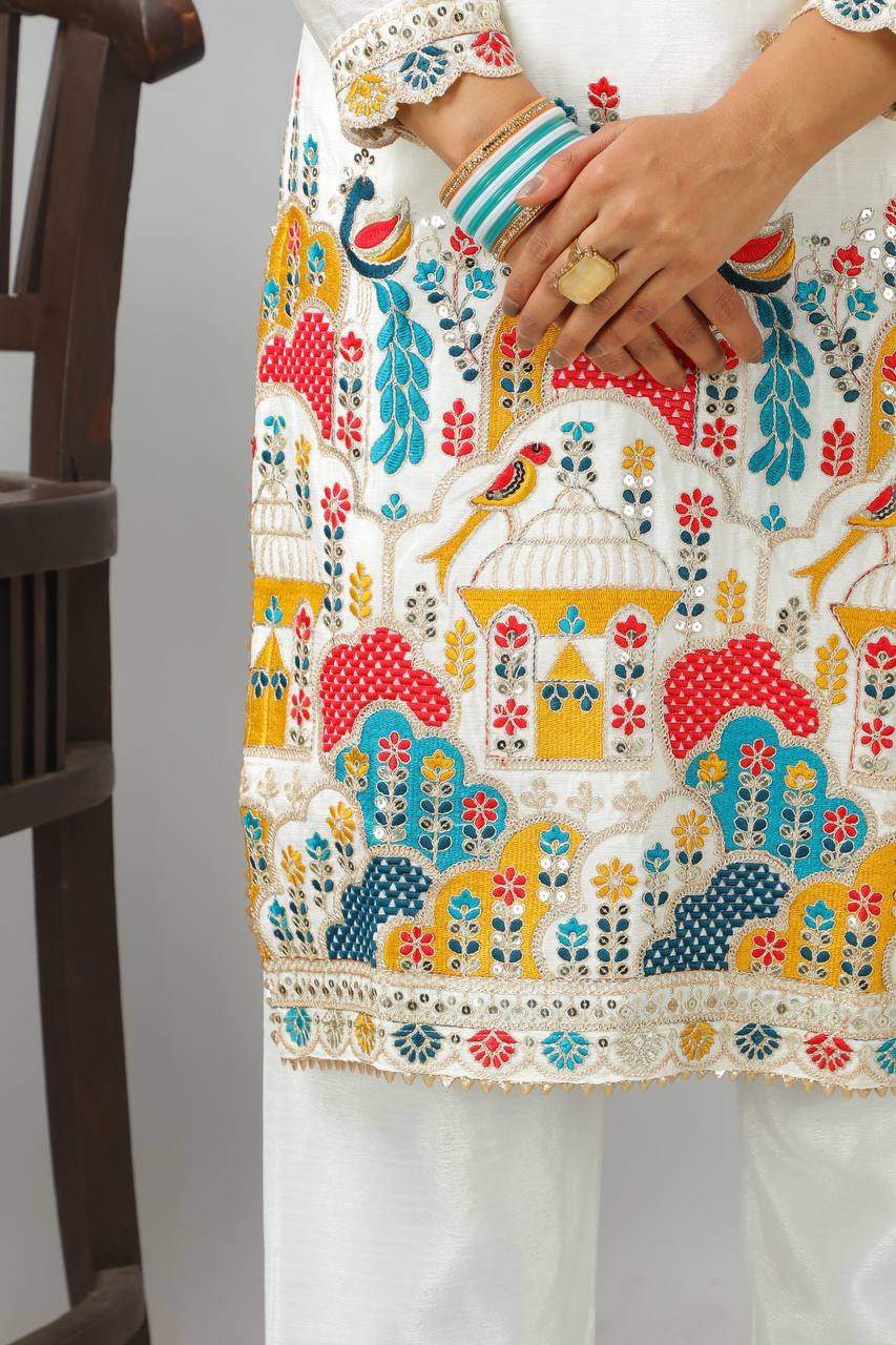 White Premium Designer Peacock Designer Kurta Set With Dupatta