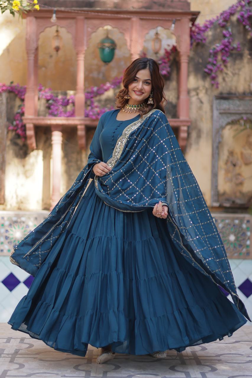 Rama Georgette Embroidered Flared Anarkali Gown Set