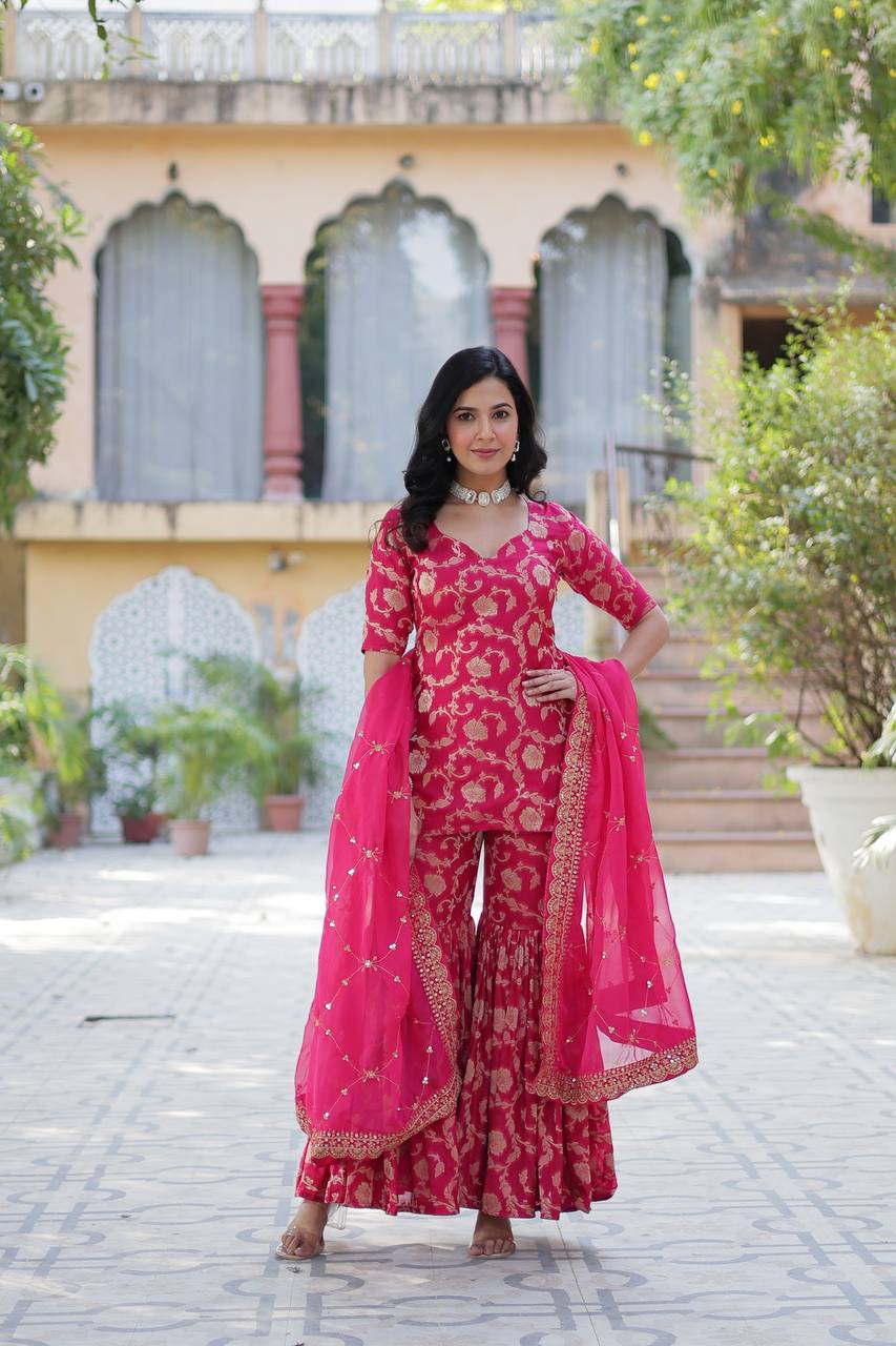 Premium Rani Pink Jacquard Silk Sharara-Gharara Suit