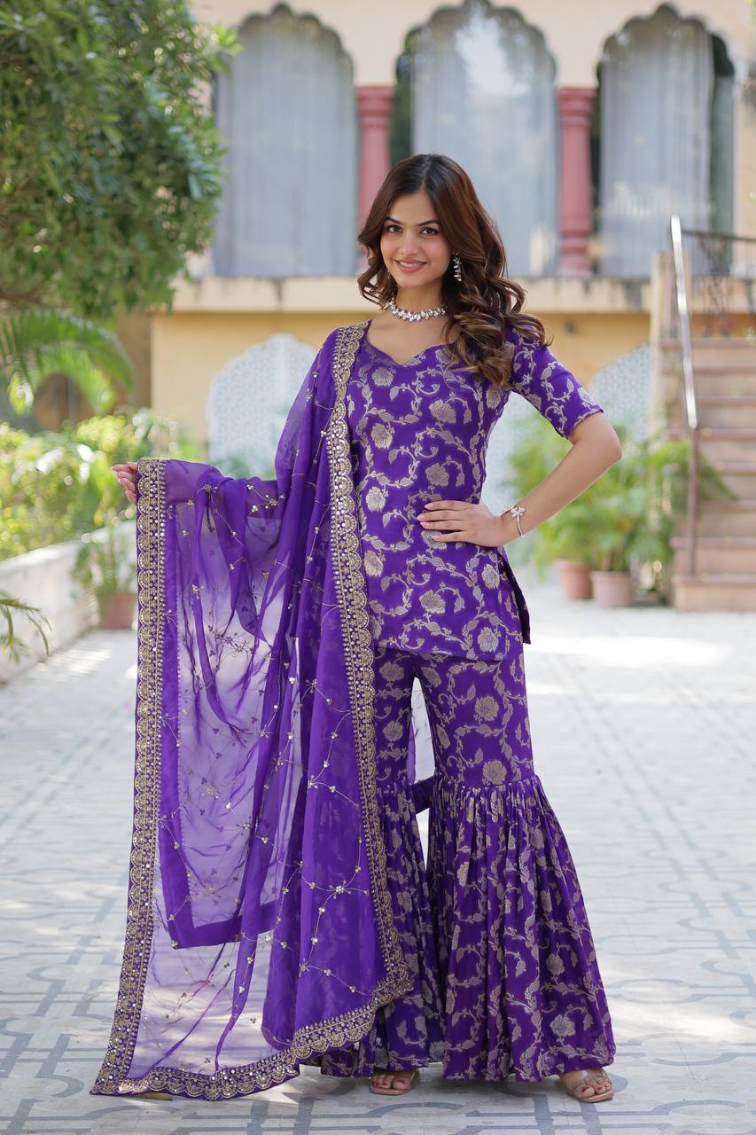 Premium Purple Jacquard Silk Sharara-Gharara Suit