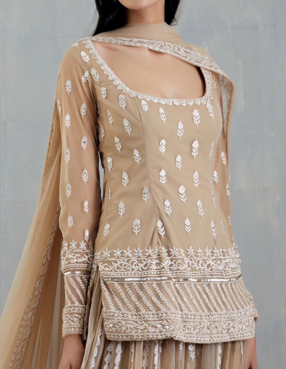 Beige & Cream Net Sharara Set