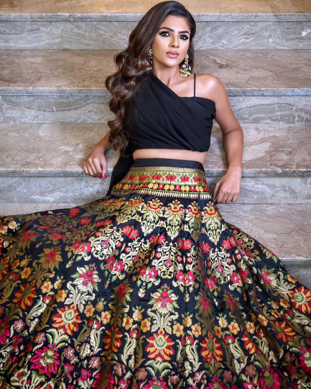 Impressive Black Banarasi Indo-Western Crop Top Lehenga