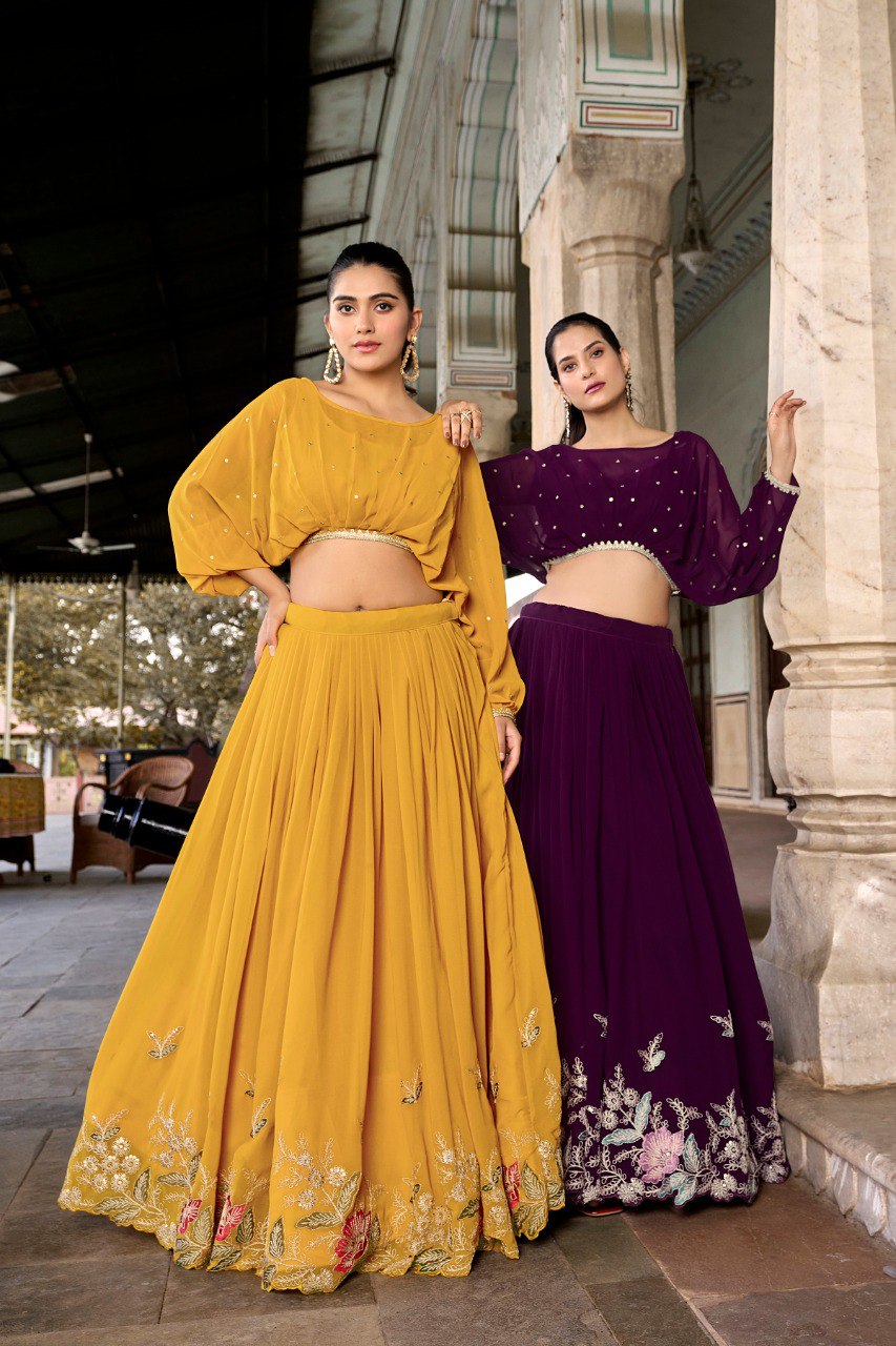 Beautiful Purple Embroidered Georgette Haldi Wear Crop Top Lehenga