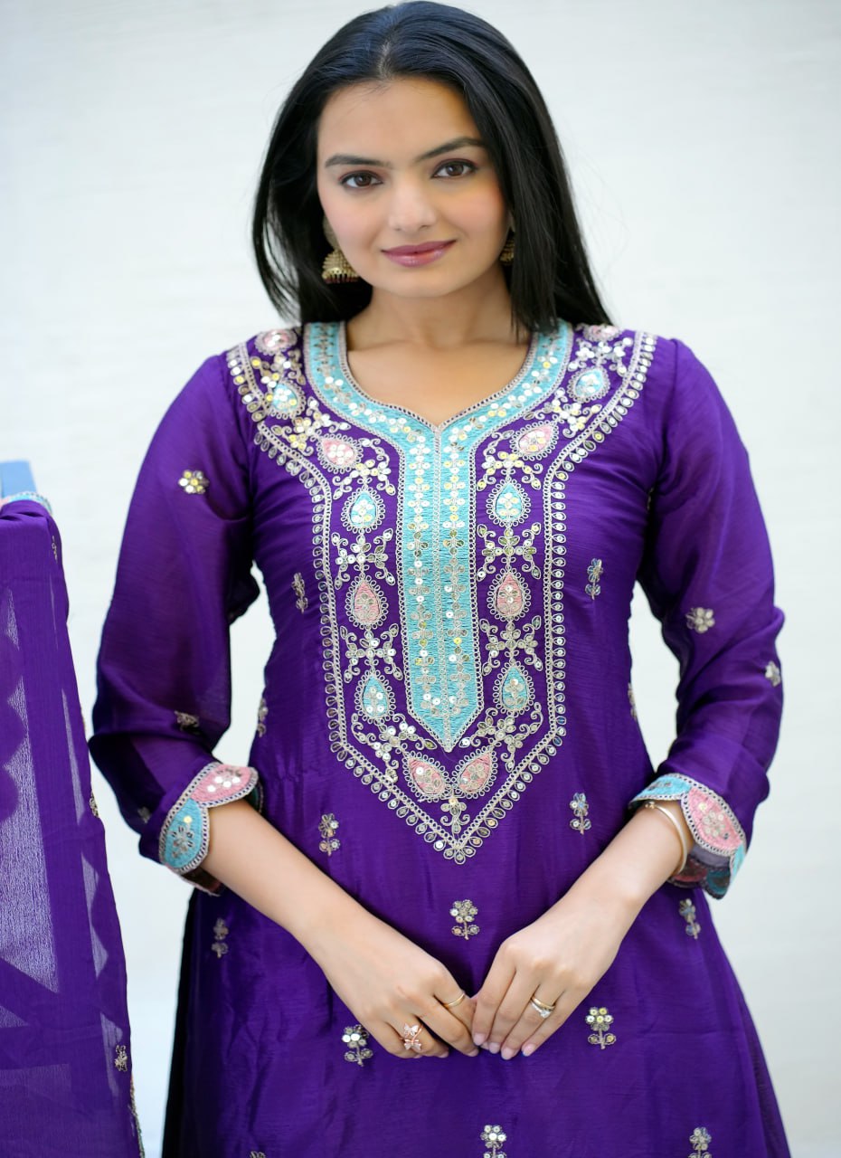 Purple Designer Embroidered Chinon Suit With Sequence Work