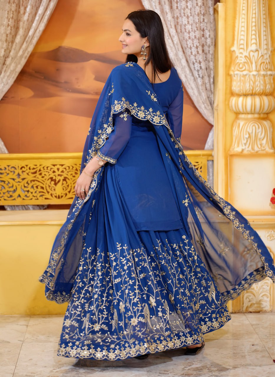 Heavy Sequence Embroidery Work Faux Georgette Lehenga Suit for Wedding