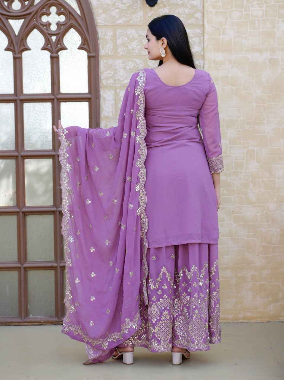 Lavender Sequence Embroidery Work Designer Sharara Suit