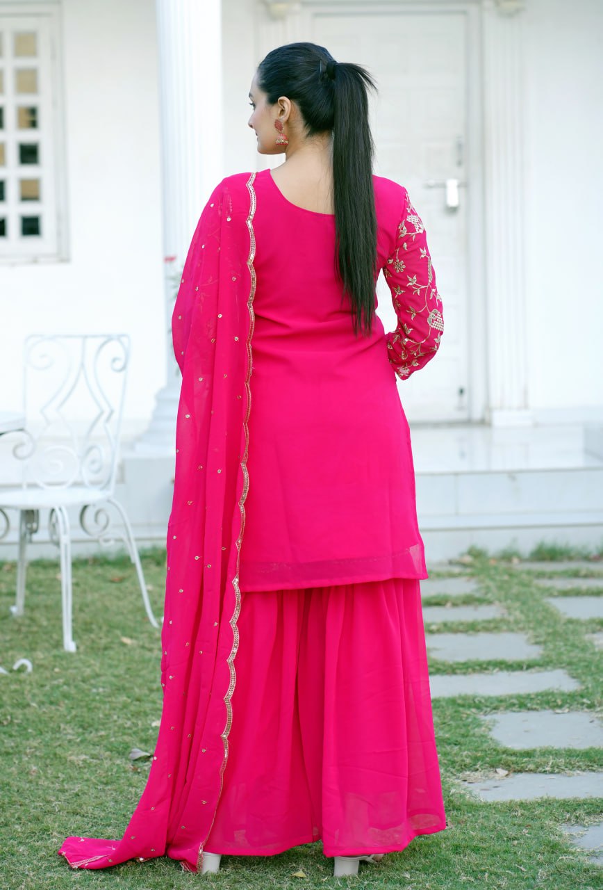 Floral Embroidered Regular Sequinned Kurta with Sharara & Dupatta