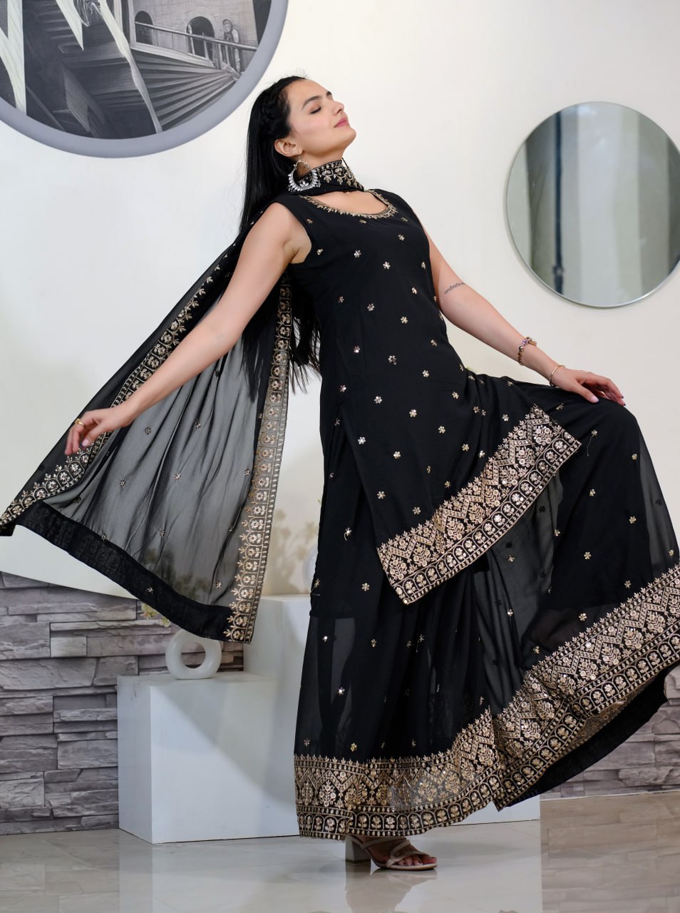 Geet Black Embroidered Square Cut Garara Suit