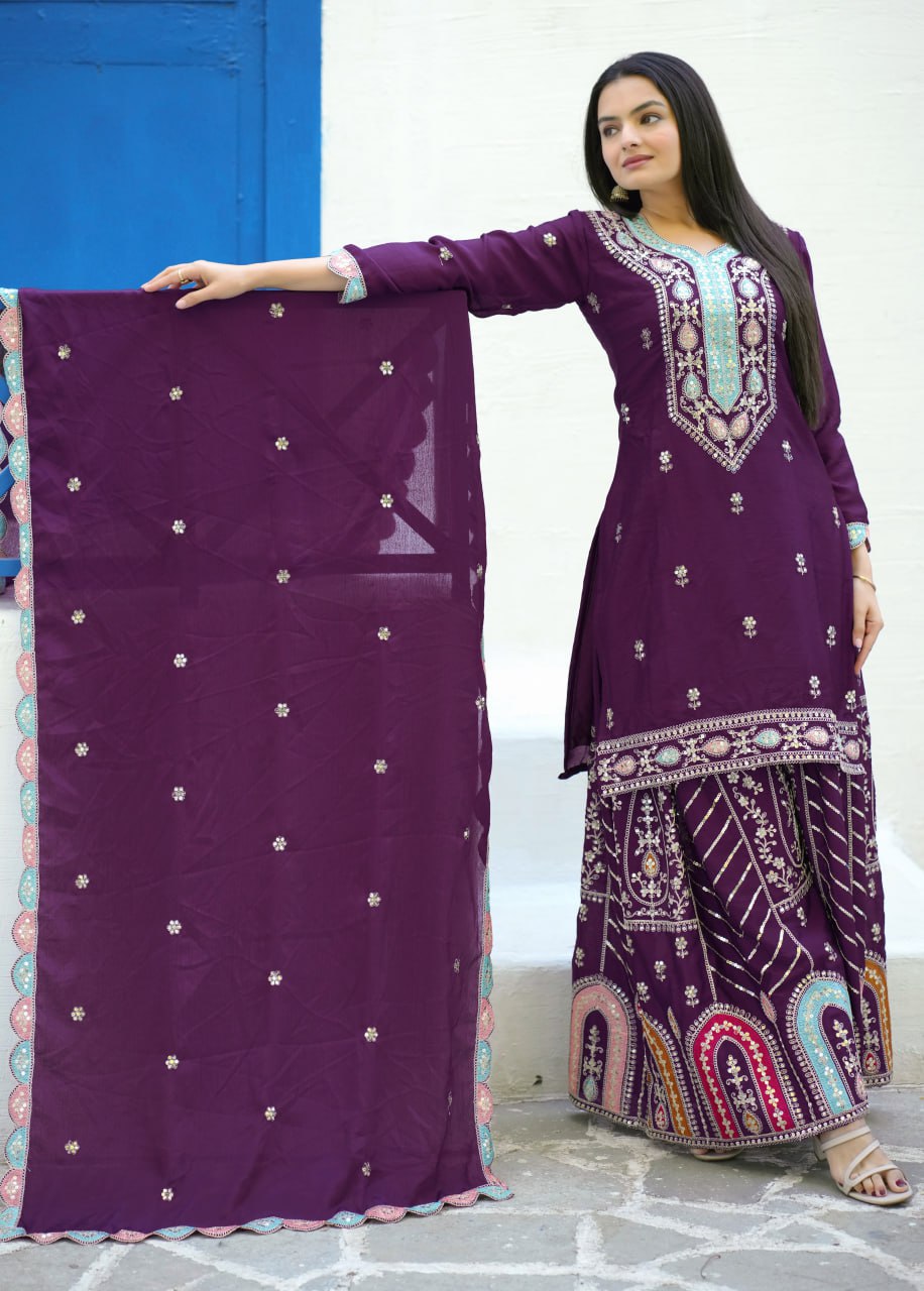 Wine Designer Embroidered Chinon Suit With Sequence Work