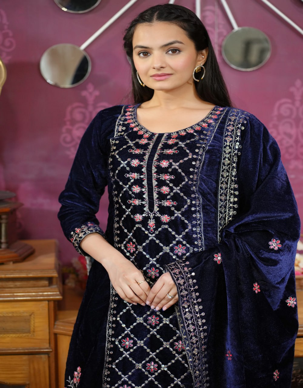 Navy Blue Velvet Readymade Pant Style Suit