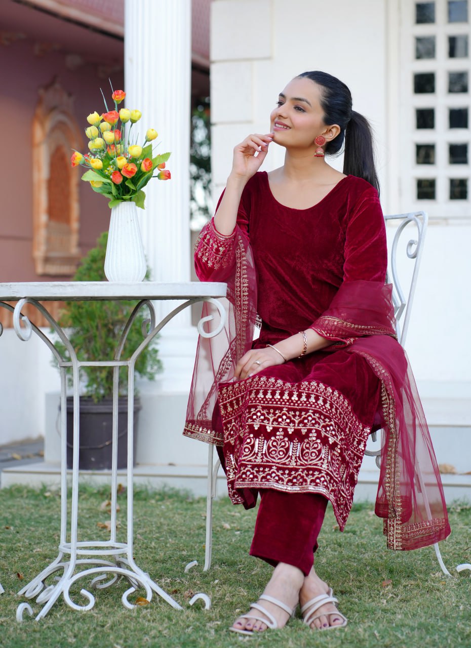 Velvet Salwar Suit In Maroon