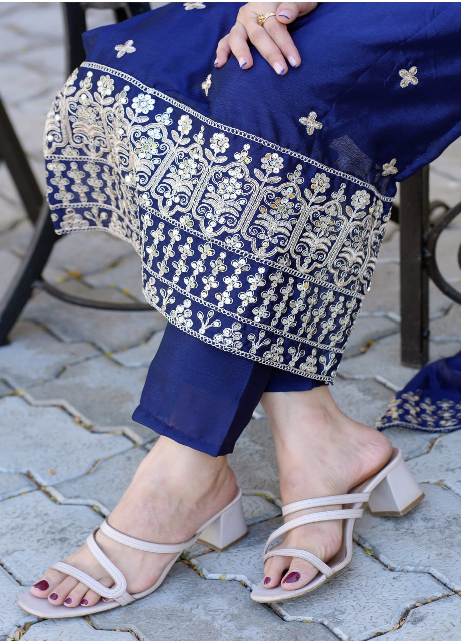 Teal Chiffon Embroidered and Resham Work Pant Style Suit for Ceremonial