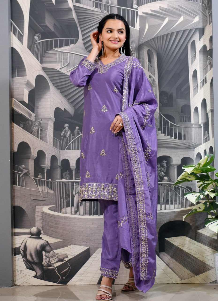 Lavender Embroidered Straight Kurta Suit Set