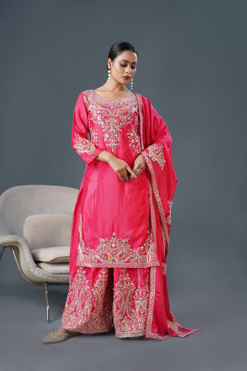 Pink Color Top Palazzo Suit With Dupatta in Chinon With Sequence Embroidery