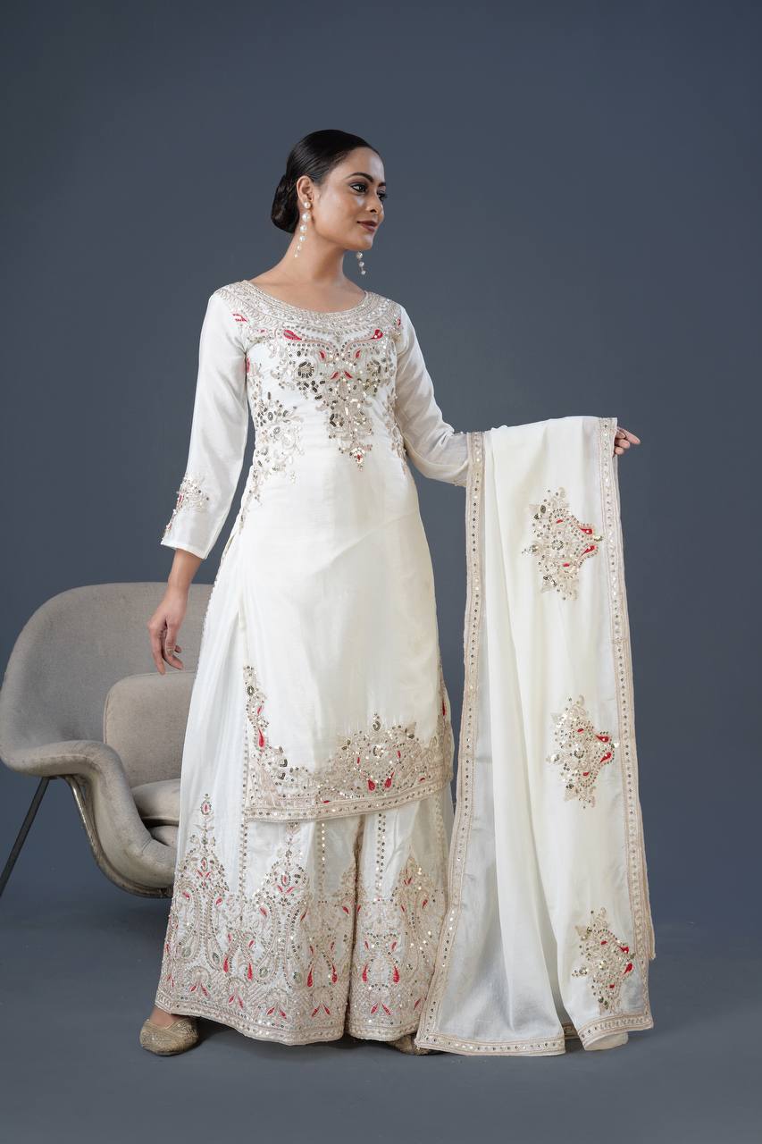 White Color Top Palazzo Suit With Dupatta in Chinon With Sequence Embroidery