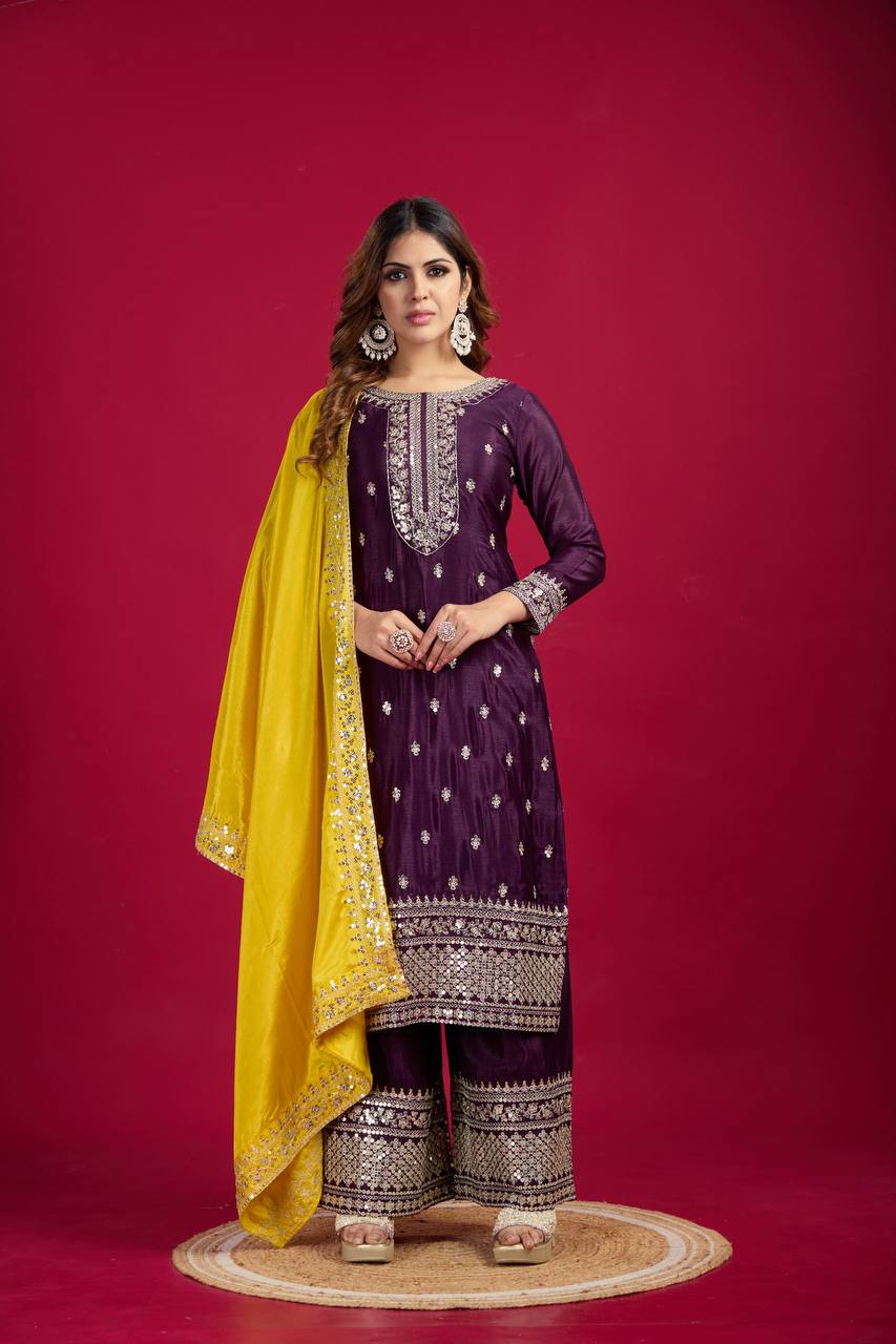 Wine-Yellow Chinnon Silk Embroidered Top-Bottom And Dupatta Set Fully Stitched Ready To Wear