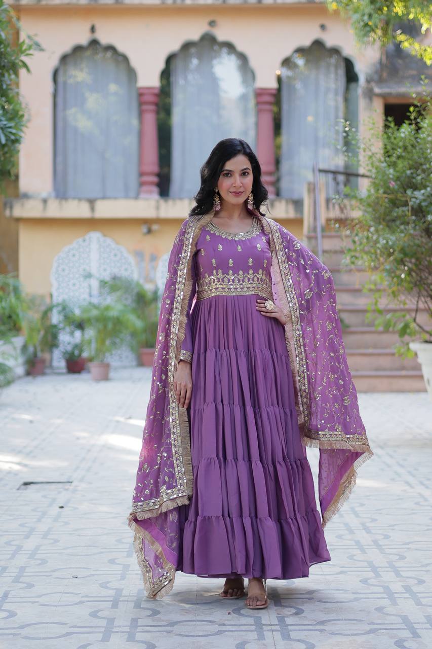 Purple Readymade Anarkali Suit In Ruffle Style