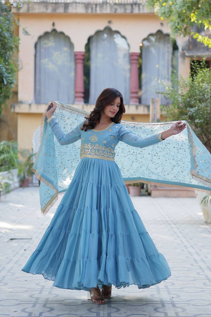 Sky Blue Georgette Readymade Suit With Dupatta