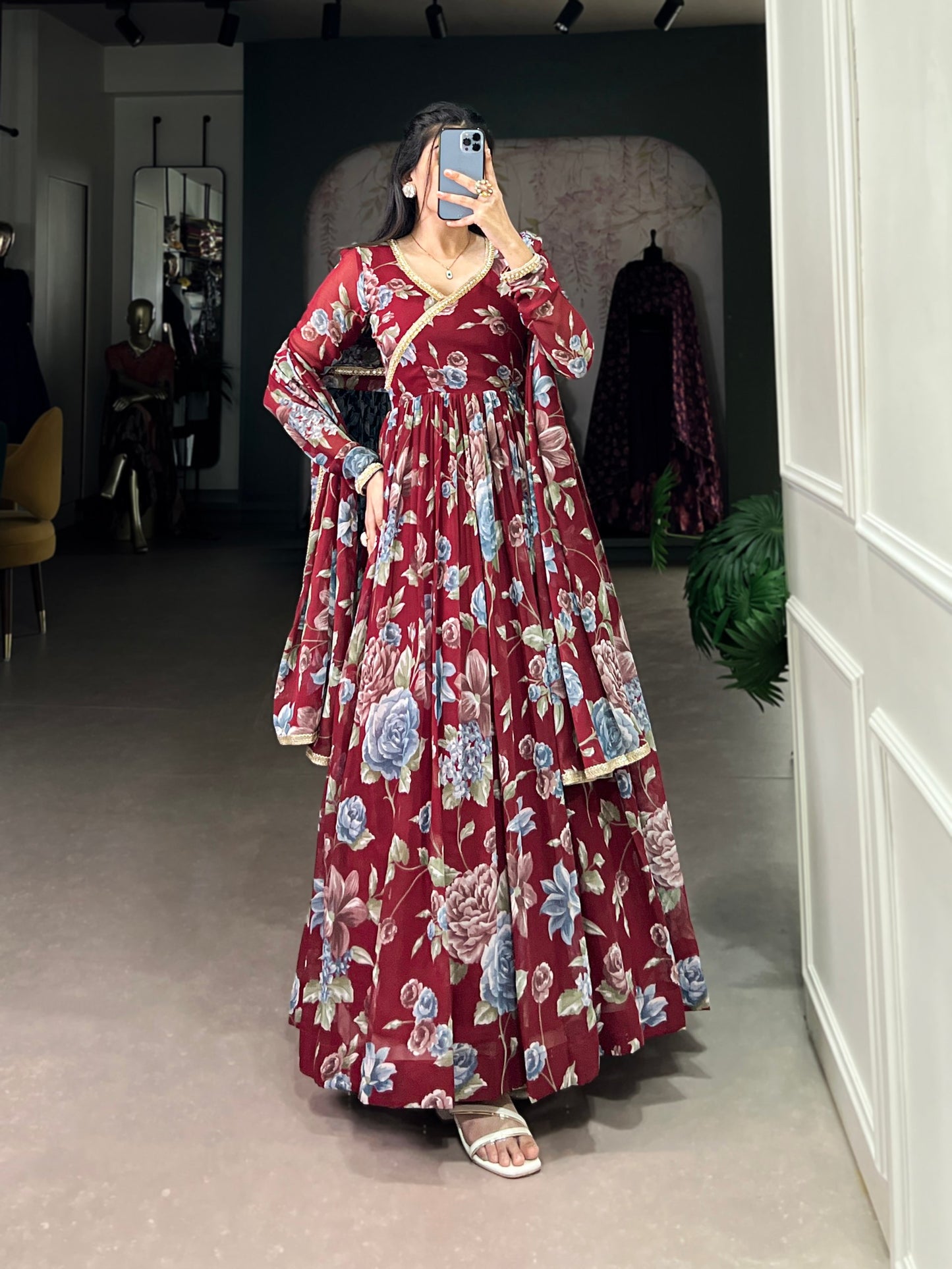 Maroon Sculpted Beauty Floral Print Marbel Gown with Lace Touch-Up Dupatta