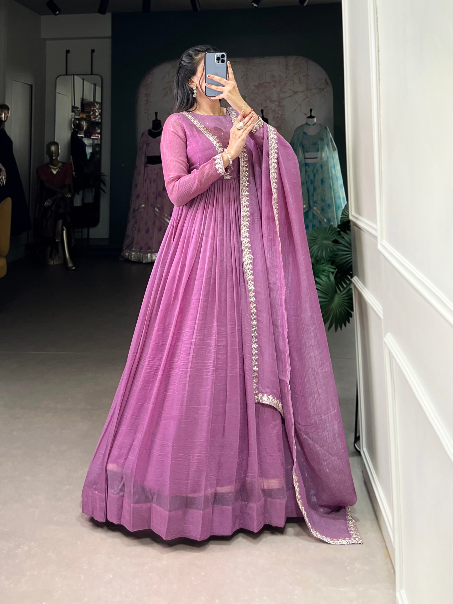 Lavender Radiant Silver Glory Shimmer Gown with Sequins & Embroidery Work Dupatta