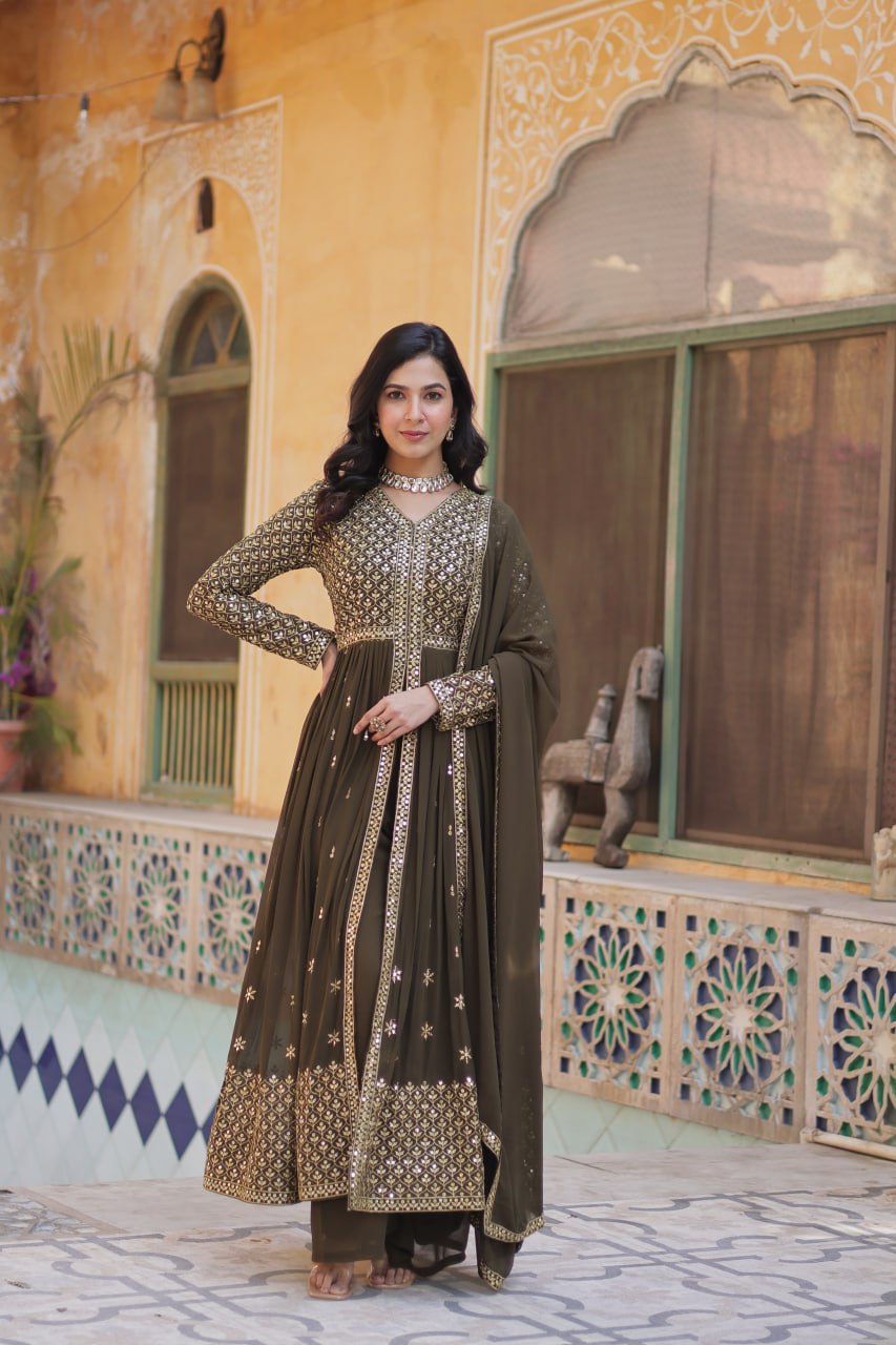 Designer Mehndi Color Three Piece Suit Set