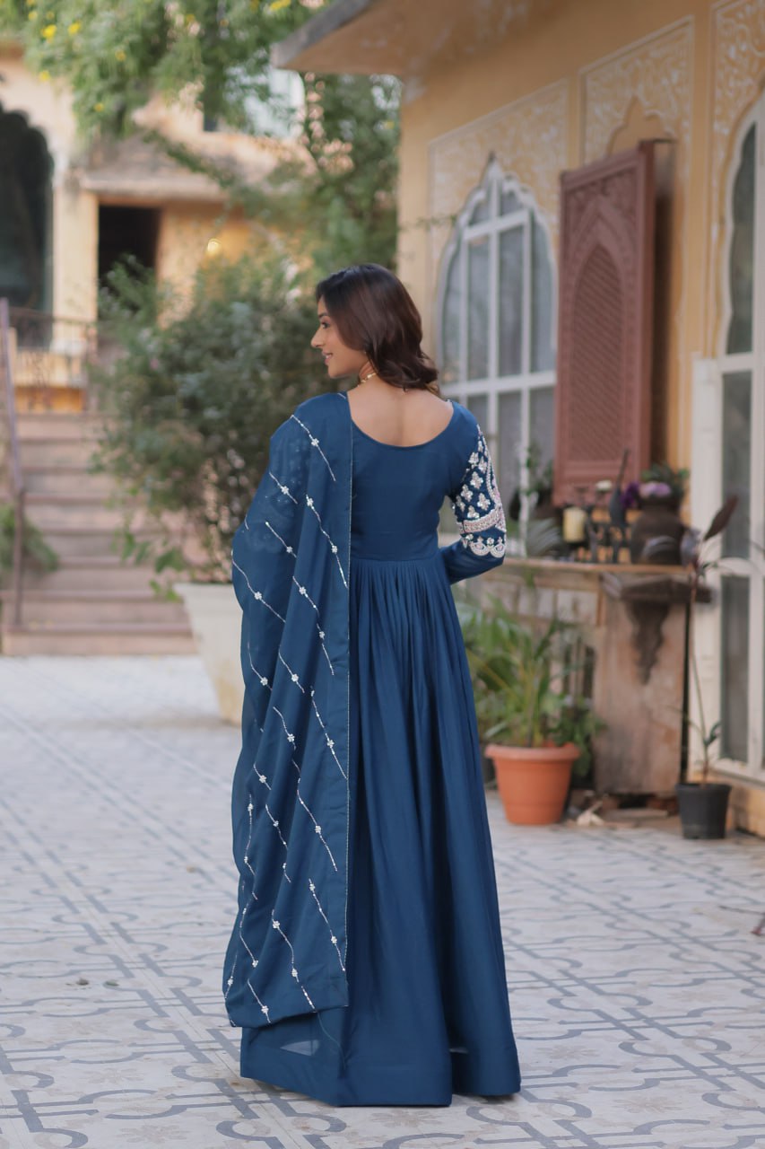 Attractive Blue Sequins Georgette Anarkali Gown With Dupatta