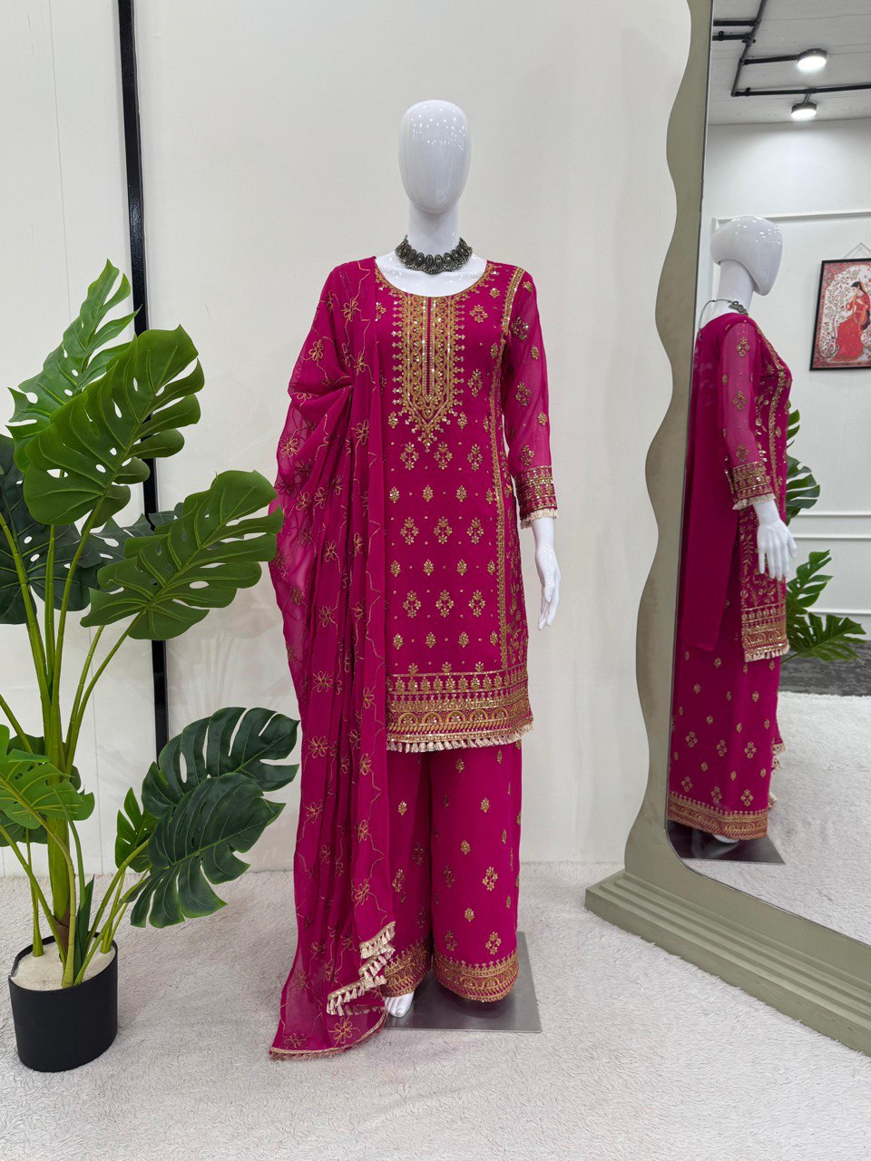 Elegant Faux Georgette Plazo Set with Thread & Sequins Work, Embroidered Top & Dupatta