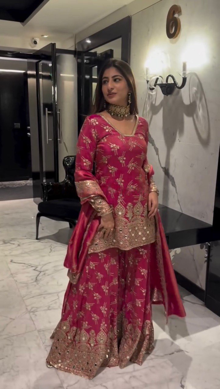 Luxury Simmer Silk Sharara Set with Real Mirror, Thread & Sequins Embroidery – Festive & Partywear