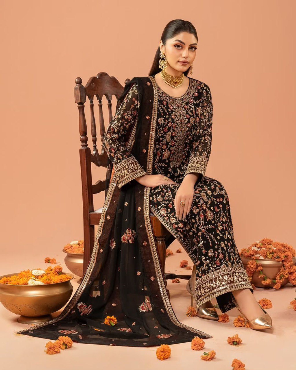 Elegant Faux Georgette Outfit with Real Diamond Work – Long Top, Pant & Dupatta Set