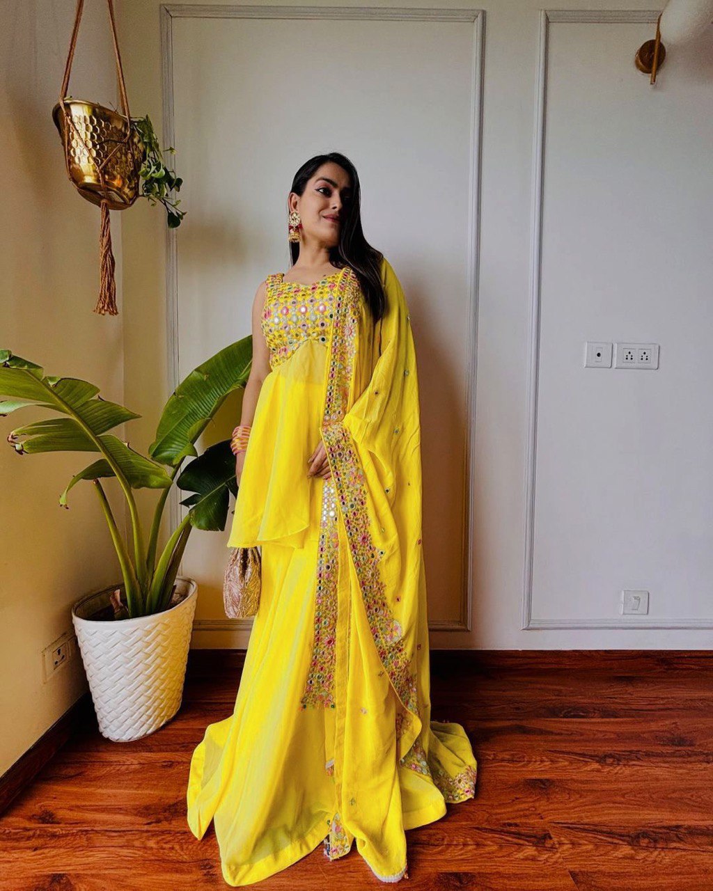 Designer Yellow Faux Georgette Plazo Set with 9mm Sequins Work – Festive & Partywear Outfit