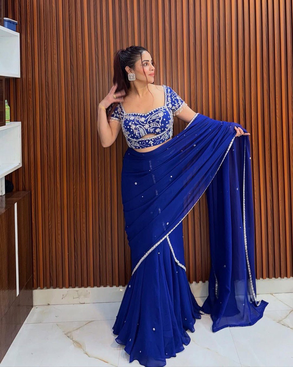 Ruffle Style Blue Lehenga Saree in Faux Georgette with Sequins & Thread Work – Ready to Wear Ethnic Outfit