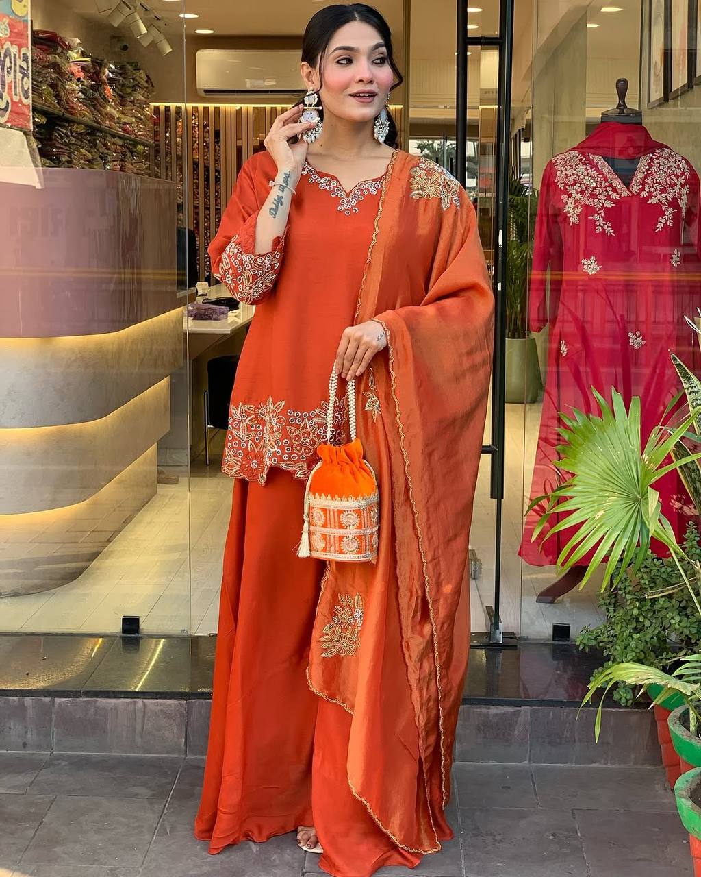 Elegant Orange Heavy Faux Georgette Embroidered Palazzo Suit – Fully Stitched