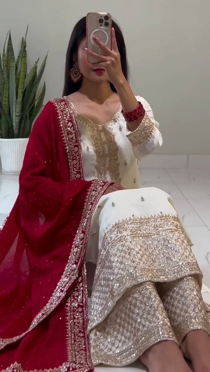 White Chinnon Silk Embroidered Top-Bottom And Dupatta Set Fully Stitched Ready To Wear