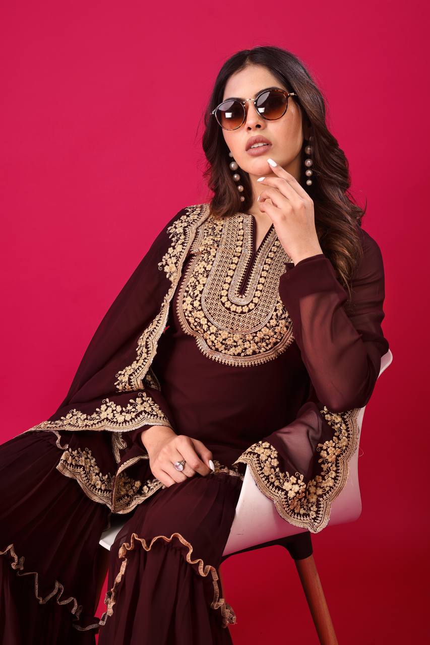 Rich Maroon Blooming Faux Georgette Embroidered Suit with Sequence & Thread Work – Fully Stitched