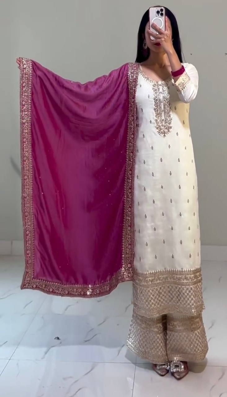 White-Rani Pink Chinnon Silk Embroidered Top-Bottom And Dupatta Set Fully Stitched Ready To Wear (Copy)