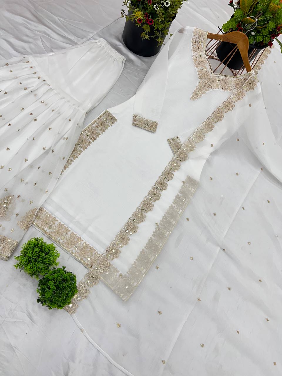 Elegant White Heavy Crunchy Silk Sharara Suit with Embroidery Sequence Work | Fully Stitched Designer Ethnic Wear for Women