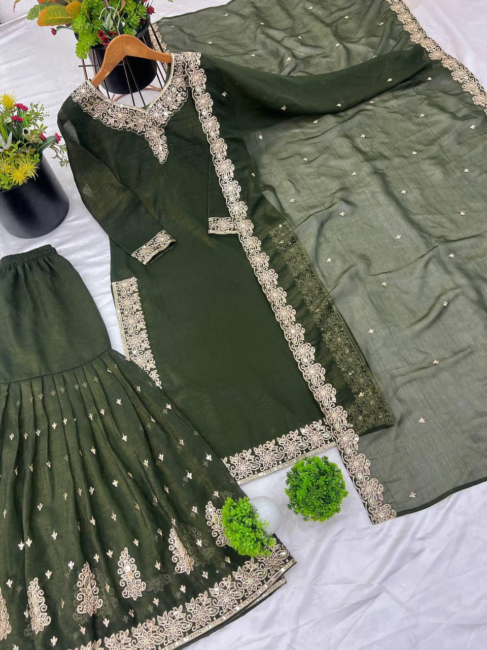 Elegant Green Heavy Crunchy Silk Sharara Suit with Embroidery Sequence Work | Fully Stitched Designer Ethnic Wear for Women