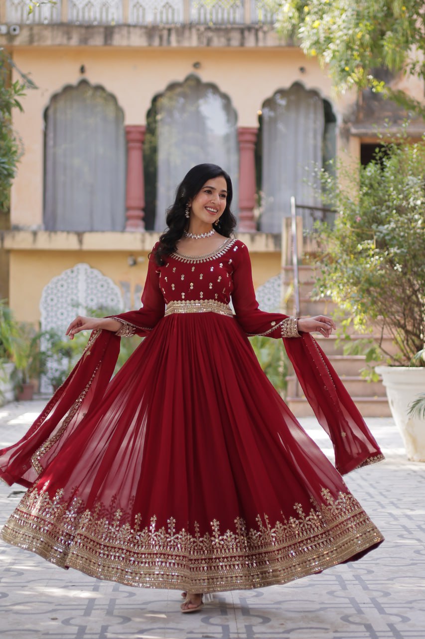 Red Faux Blooming Gown with Zari Sequins Embroidery & Dupatta | Fully Stitched Elegant Ethnic Wear for Weddings & Festive Occasions