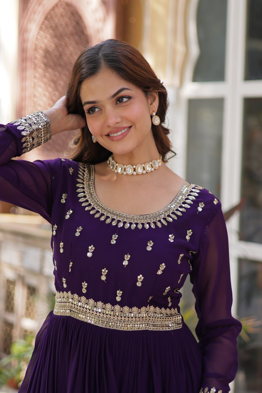 Purple Faux Blooming Gown with Zari Sequins Embroidery & Dupatta | Fully Stitched Elegant Ethnic Wear for Weddings & Festive Occasions