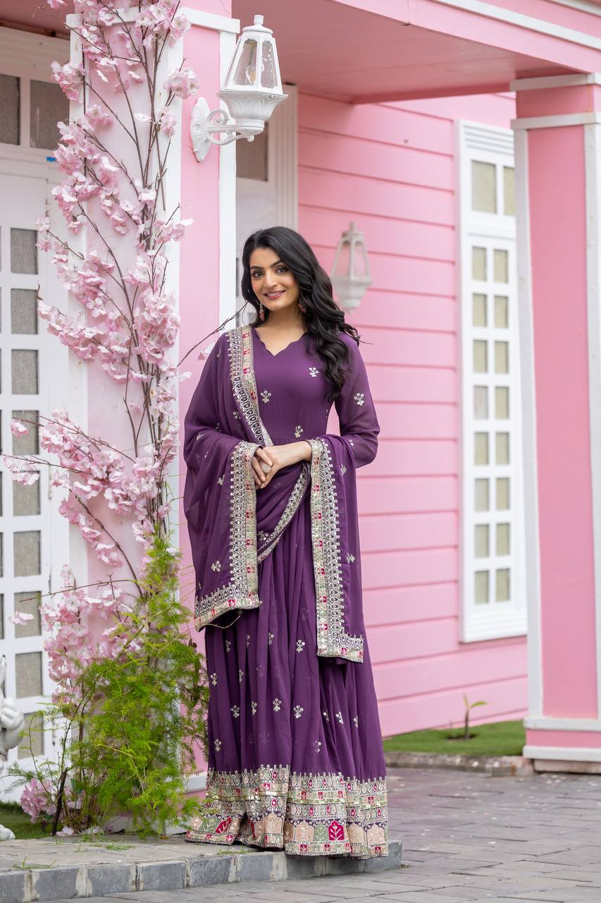 Light Purple Faux Georgette Embroidered Gown with Heavy Sequence Work and Dupatta | Fully Stitched Designer Ethnic Wear