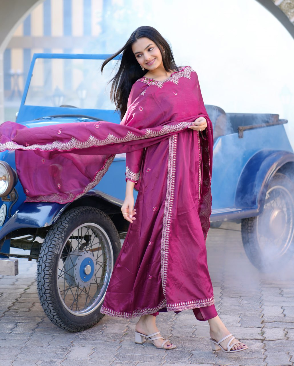 Elegant Purple Chinon Embroidered Gown Set with Coding Sequence Work & Dupatta