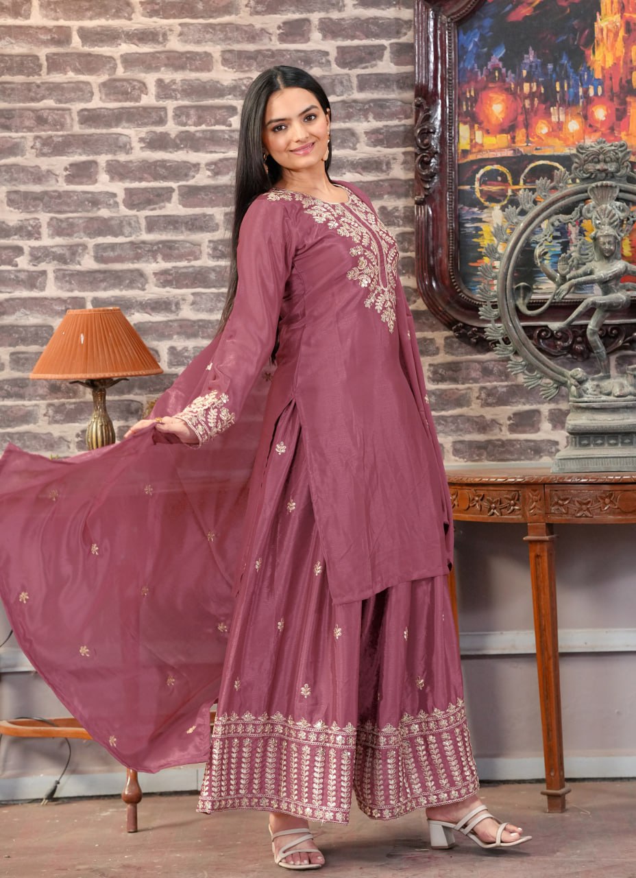 Mauve Chinon Sharara Suit with Embroidery Sequence Work | Fully Stitched Elegant Ethnic Wear