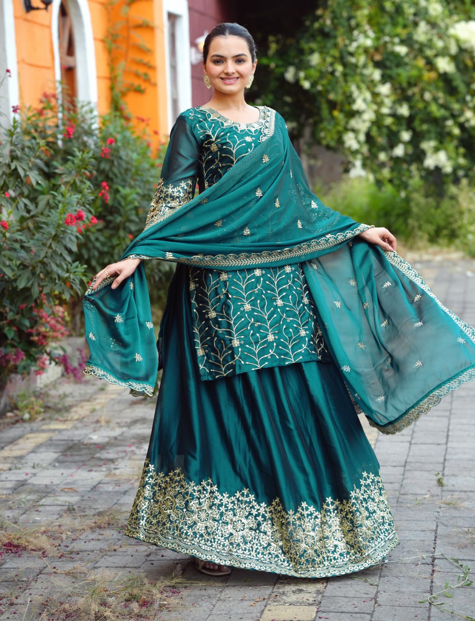 Emerald Green Rangoli Lehenga Suit with Embroidery Sequence Work | Elegant Festive Wear