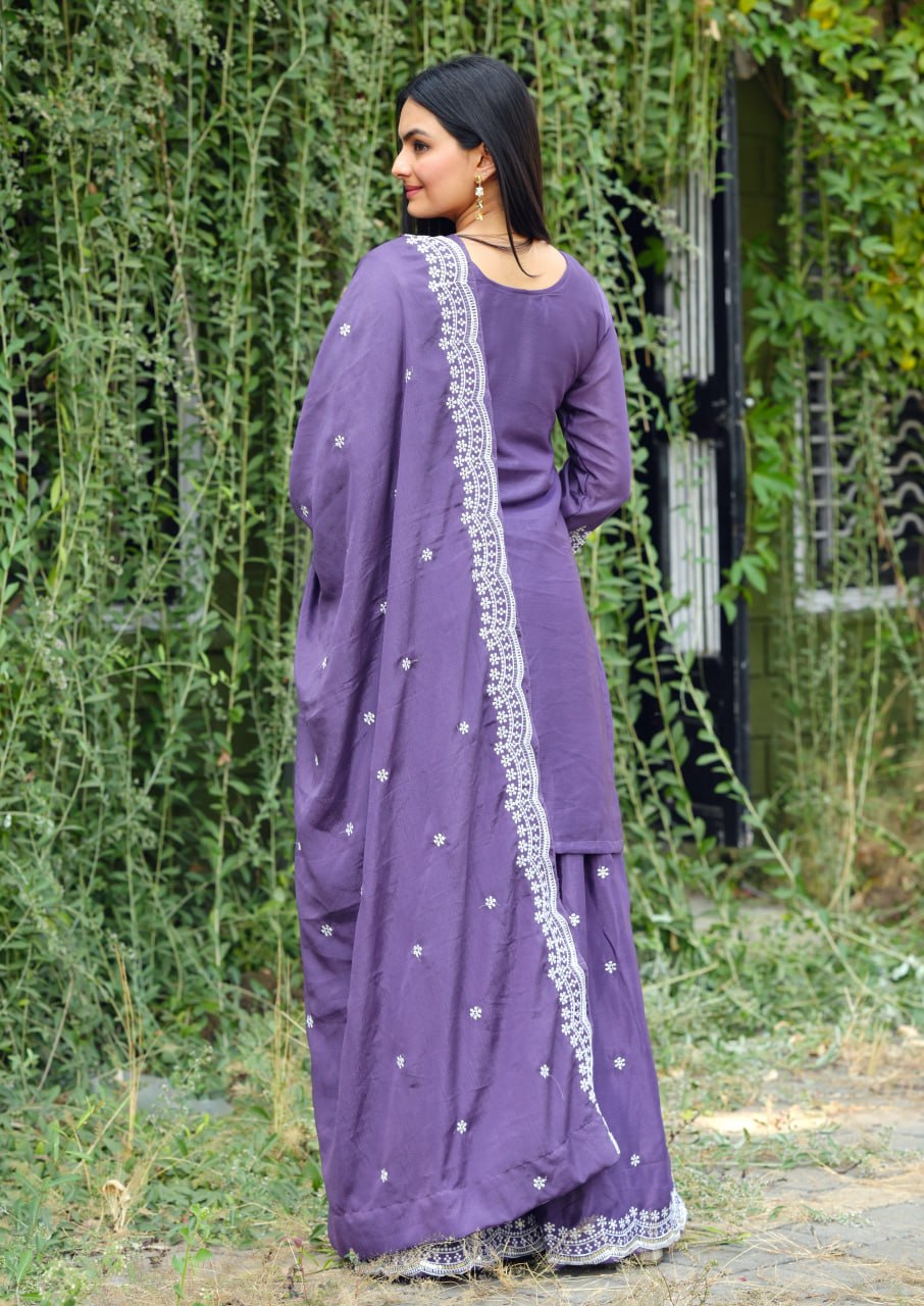 Purple Chinon Sharara Suit with Embroidery Sequence Work | Elegant Festive Wear