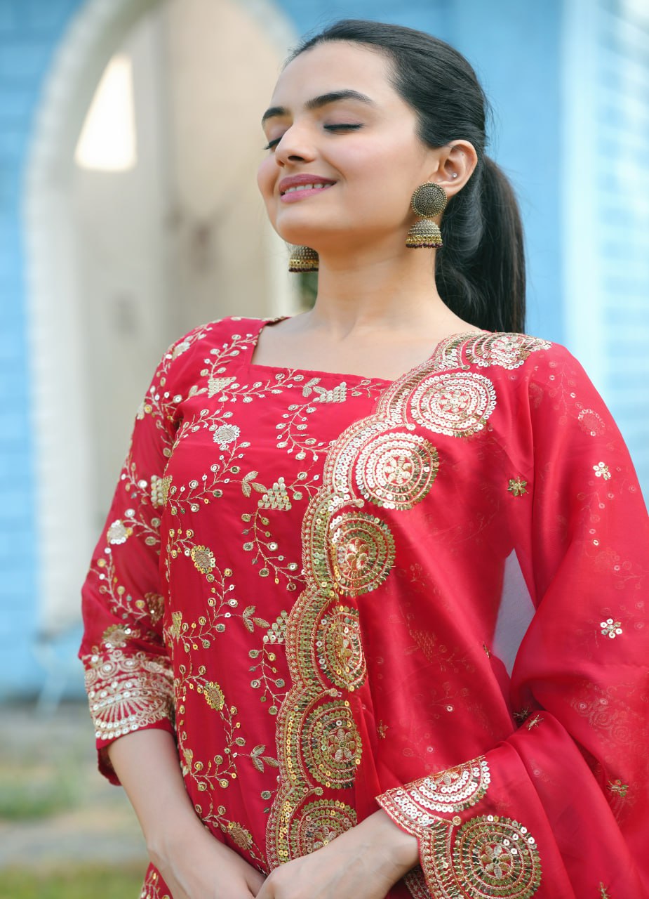 Red Rangoli Lehenga Suit with Embroidery Sequence Work | Elegant Festive Wear